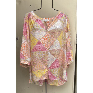Rose & Olive Top Sz 1X Pink Yellow Patchwork Smocking Boho Cottagecore Tunic